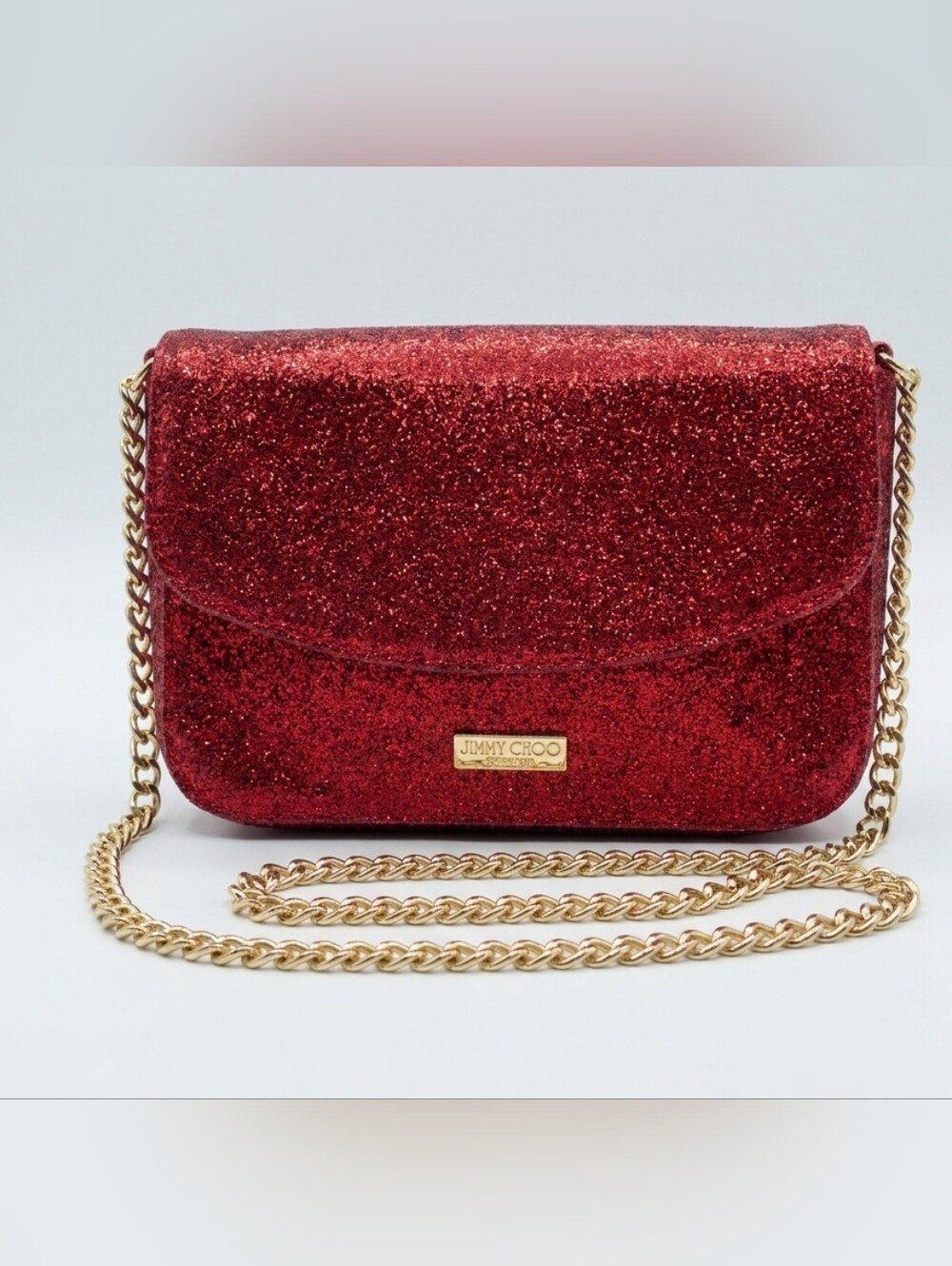 Jimmy Choo Red Glitter Crossbody with Gold Chain Strap